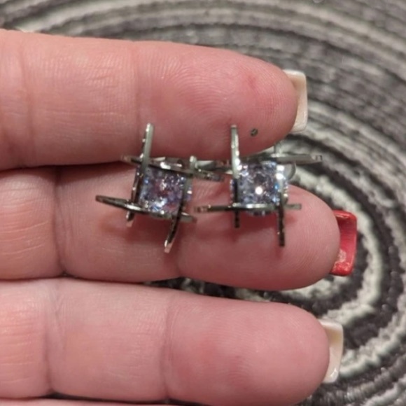 Silver Caged Zircon 3D Stud Geometric Earrings - Picture 4 of 8